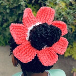 Handmade Large Pink Crochet Hair Flower, bun scrunchie